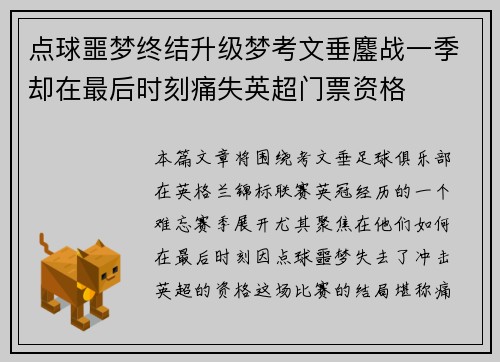 点球噩梦终结升级梦考文垂鏖战一季却在最后时刻痛失英超门票资格