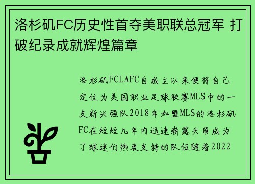 洛杉矶FC历史性首夺美职联总冠军 打破纪录成就辉煌篇章 洛杉矶FC历史性首夺美职联总冠军 打破纪录成就辉煌篇章